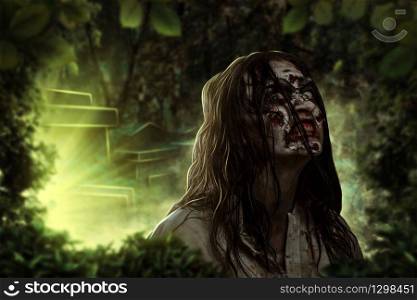 The shouting female zombie against the background of the cemetery. Horror. The shouting female zombie. Cemetery. Halloween.