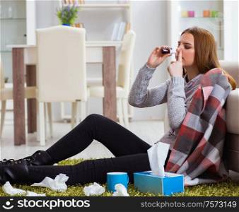 The sick woman suffering from flu at home. Sick woman suffering from flu at home