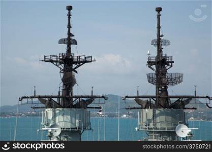 The signals on a large ship with a mast of a ship signals.