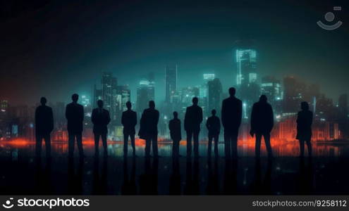 The silhouettes of business people in front of a cityscape at night time. Generative AI AIG21.