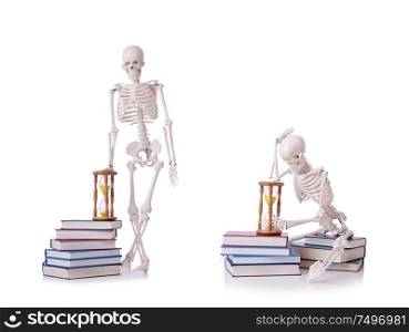 The skeleton reading books on white. Skeleton reading books on white