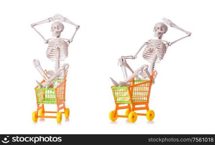 The skeleton with shopping cart trolley isolated on white. Skeleton with shopping cart trolley isolated on white