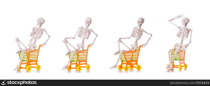 The skeleton with shopping cart trolley isolated on white. Skeleton with shopping cart trolley isolated on white