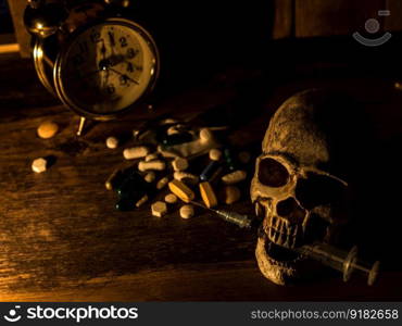 The skull is placed on a wooden table, The back of skull is drug and clock. With candles light from the sides and a wooden background.