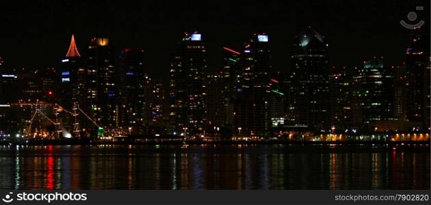 The skyline of San Diego at night with reflection in the water.
