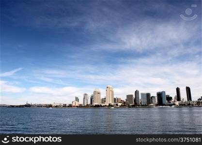 The skyline of San Diego with water in the front and cloudy blue sky in the background.