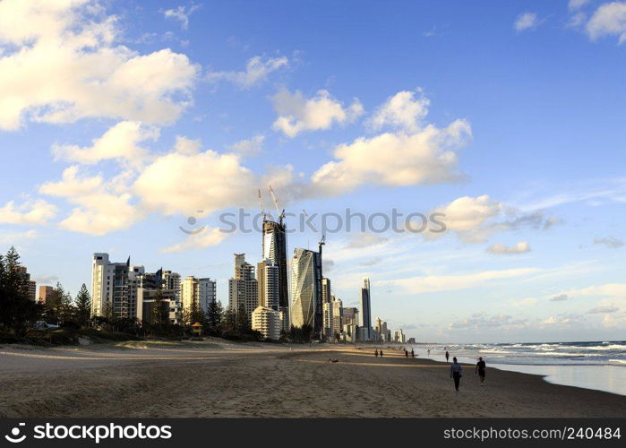 The skyscrapers of the Gold Coast from Broadbeach to Surfers Paradise, from the beach during sunset.