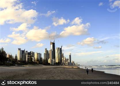 The skyscrapers of the Gold Coast from Broadbeach to Surfers Paradise, from the beach during sunset.