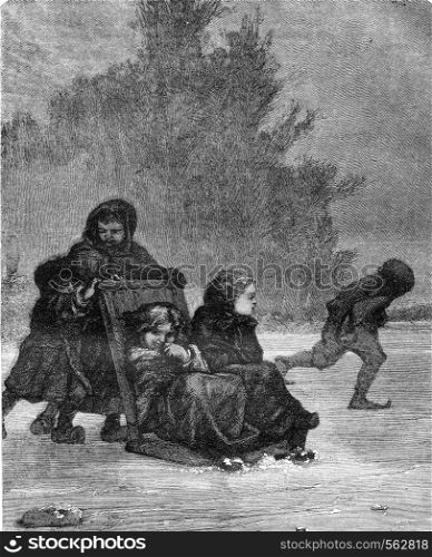 The sled, vintage engraved illustration. Magasin Pittoresque 1869.