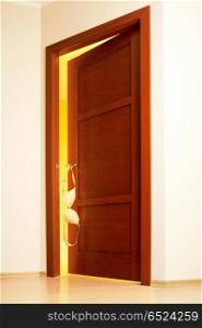 The slightly opened door in a room with light. Intim