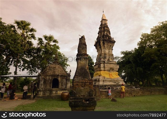 the smal Stupa Phra That Kong Khao Noi of the Ayyuthaya time near the village of Pha Tiu in the Provinz of Yasothon in the Region of Isan in Northeast Thailand in Thailand.&#xA;