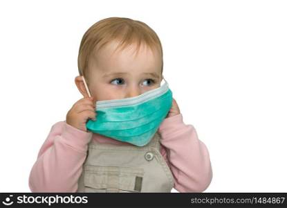 The small child is protected from viruses (on a white background).