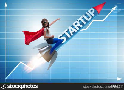 The small kid in start-up concept flying rocket. Small kid in start-up concept flying rocket. The small kid in start-up concept flying rocket