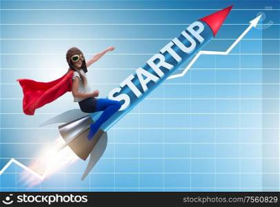 The small kid in start-up concept flying rocket. Small kid in start-up concept flying rocket