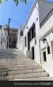 The small streets of Apiranthos at the Naxos island at the Cyclades of the Aegean sea in Greece