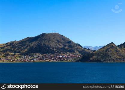 The small tourist town of Copacabana on the shore of Lake Titicaca in Bolivia