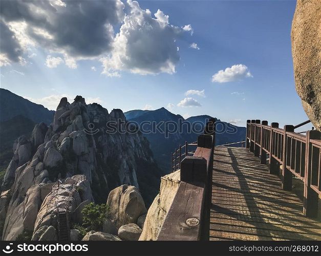 The small wooden bridge on the peak. Seoraksan National Park. South Korea