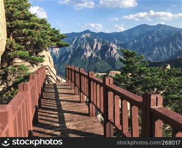 The small wooden bridge on the peak. Seoraksan National Park. South Korea