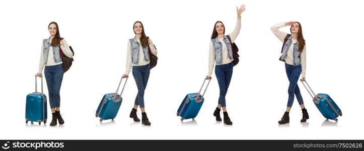 The smiling caucasian girl walking with suitcase isolated on white. Smiling caucasian girl walking with suitcase isolated on white