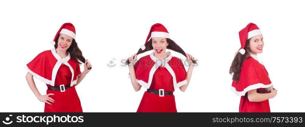 The snow girl santa in christmas concept isolated on white. Snow girl santa in christmas concept isolated on white