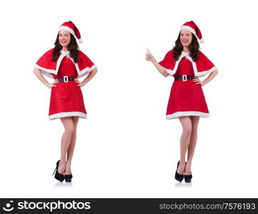 The snow girl santa in christmas concept isolated on white. Snow girl santa in christmas concept isolated on white