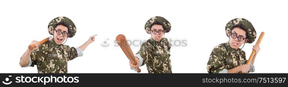 The soldier with baseball bat isolated on white. Soldier with baseball bat isolated on white