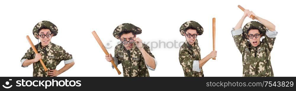 The soldier with baseball bat isolated on white. Soldier with baseball bat isolated on white