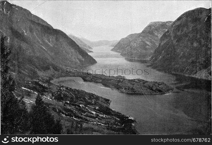 The Sorfjord, part of Hardangerfjord in Norway, vintage engraved illustration. From the Universe and Humanity, 1910.