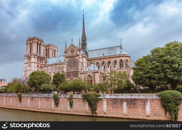 The southern facade of Cathedral of Notre Dame de Paris, roof and spire destroyed in a fire in 2019, Paris, France. Cathedral of Notre Dame de Paris