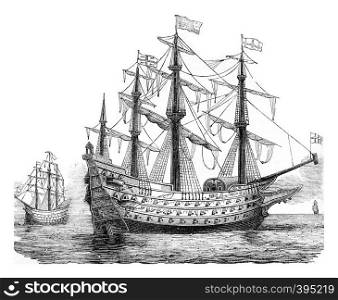 The Sovereign of the Seas, English vessel, 1650, vintage engraved illustration. Colorful History of England, 1837.