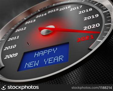 The speedometer indicates 2021 and the inscription on the screen: Happy New Year. 3d render