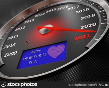 The speedometer shows 2021 and the inscription on the screen: Happy Valentine&rsquo;s Day. 3D render