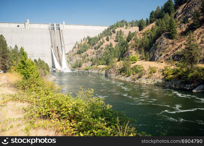 The spillway drains water from the dam down into the Clearwater River in Idaho