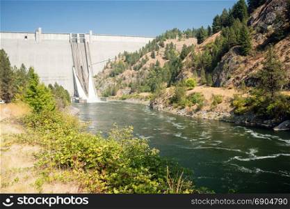 The spillway drains water from the dam down into the Clearwater River in Idaho