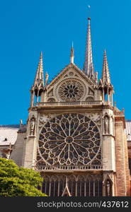 The spire and South rose window of the cathedral Notre-Dame destroyed in a fire in 2019, Paris, France. of Notre Dame de Paris, France