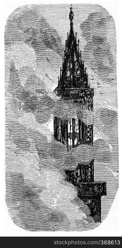 The spire of Strasbourg, vintage engraved illustration. From Chemin des Ecoliers, 1861. 
