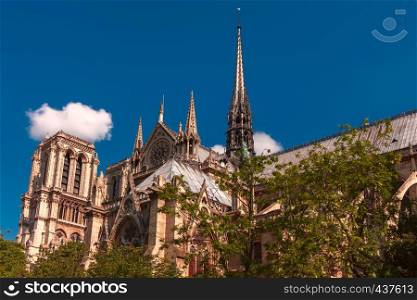 The spire, right tower and roof of the cathedral Notre-Dame destroyed in a fire in 2019, Paris, France. Spire of Cathedral of Notre Dame de Paris, France
