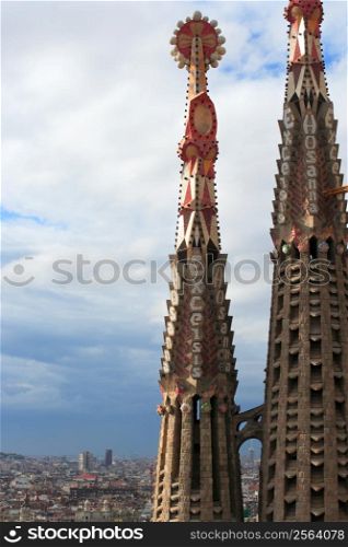 The spires from the church of Sagrada Familia in Barcelona Spain.