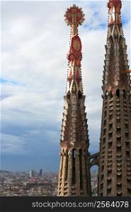 The spires from the church of Sagrada Familia in Barcelona Spain.