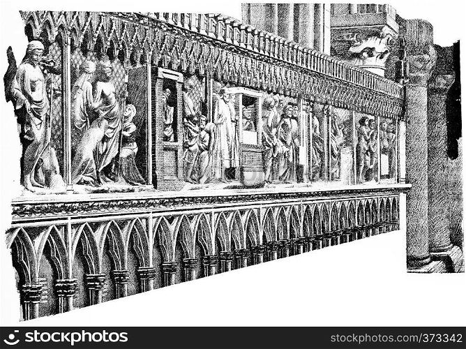 The stalls of the choir, vintage engraved illustration. Paris - Auguste VITU ? 1890.