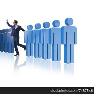 The standing out from crowd concept with businessman. Standing out from crowd concept with businessman