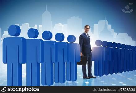 The standing out from crowd concept with businessman. Standing out from crowd concept with businessman