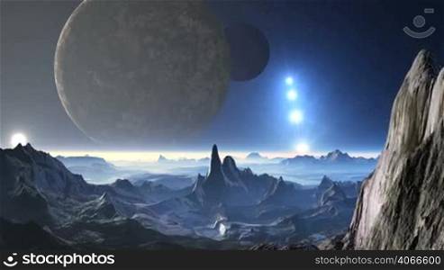 The starry night sky two planets revolve slowly. The bright glowing objects (UFO) flying over the horizon, covered with white fog. The rocky landscape filled with bright light. In the lowlands of snow. Above the horizon hazy distant sun.
