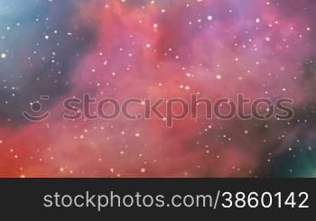 The starry sky bright colored nebula quickly removed and becomes visible to a huge planet, moon, blue stars and a fantastic mountainous terrain distant planet.