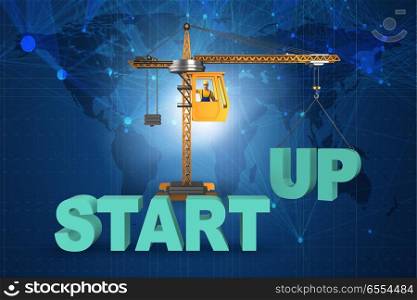 The start-up concept with crane lifting letters. Start-up concept with crane lifting letters. The start-up concept with crane lifting letters