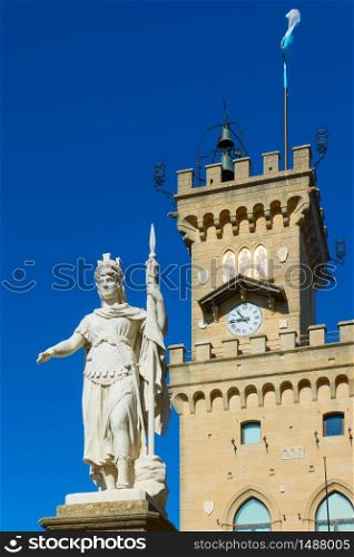 The Statue of liberty and the town hall of the City of San Marino, San Marino
