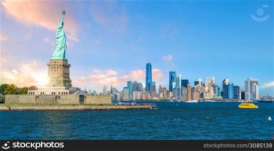 The Statue of Liberty with Manhattan city skyline background, Landmarks of New York City, USA
