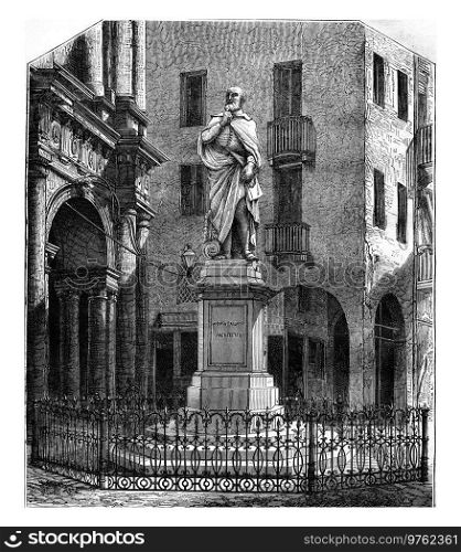 The Statue of Palladio and Ja Basilica in Vicenza, vintage engraved illustration. Magasin Pittoresque 1877. 