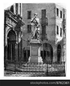 The Statue of Palladio and Ja Basilica in Vicenza, vintage engraved illustration. Magasin Pittoresque 1877. 