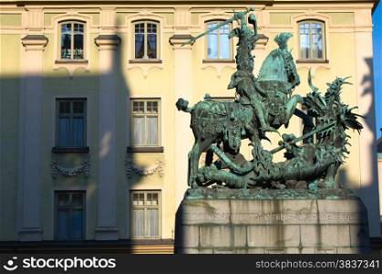 The statue of St. George and the Dragon in old town of Stockholm Gamla Stan, a symbol of Stockholm